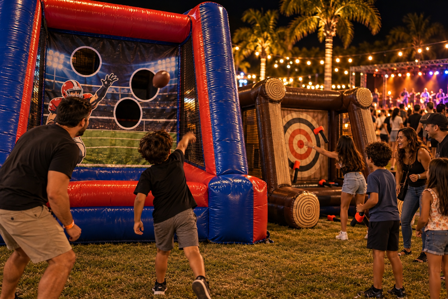 Families playing inflatable football toss and soft axe-throwing games at a warmly lit nighttime festival