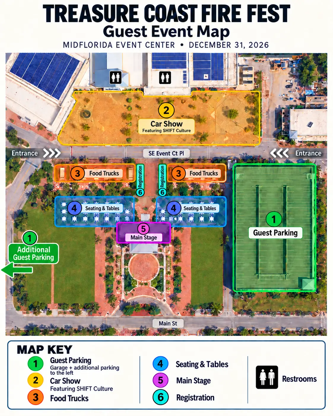 Fire Fest guest map: parking garage on the right and additional parking off the left side near the stage; car show across SE Event Ct Pl; food trucks and inward-facing registration stations just below the street; seating, main stage, and restrooms marked with a numbered color key.