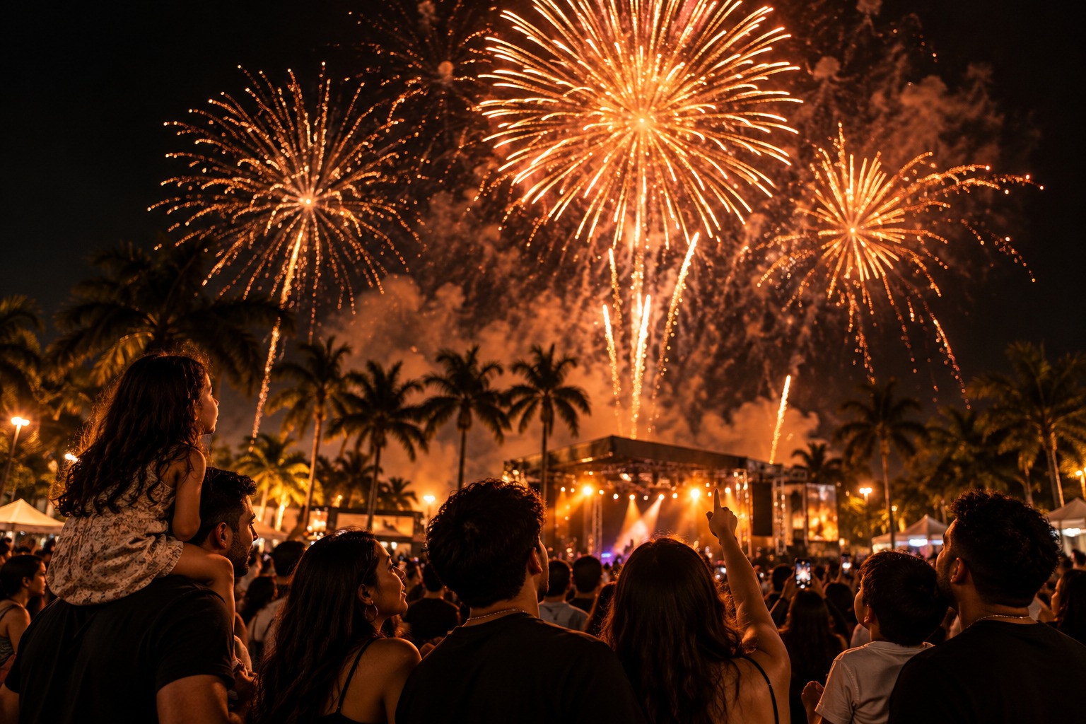 Golden fireworks above a nighttime festival crowd and live stage