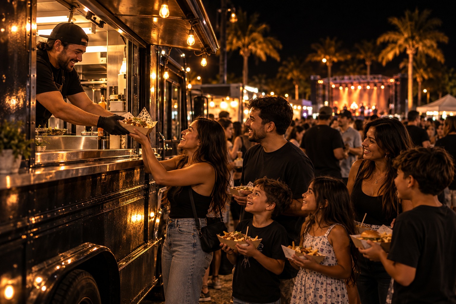 Families enjoying food from a warmly lit food truck at night