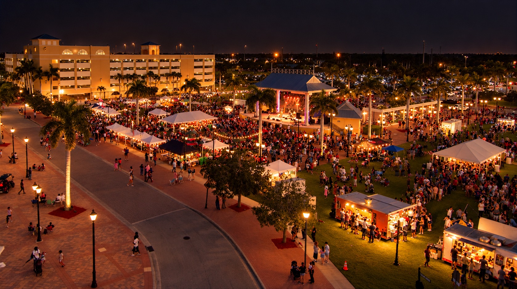 Drone view of the MIDFLORIDA Event Center festival grounds illuminated for Fire Fest