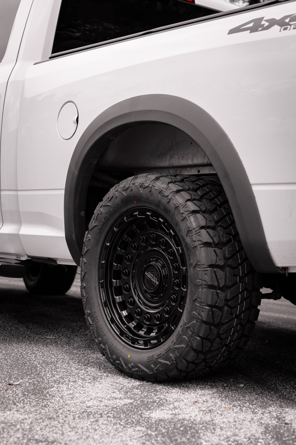 Close-up of the giveaway truck’s wheel and tire